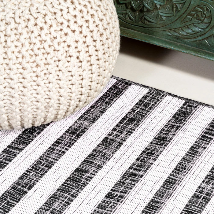 Sukie Modern Offset Stripe Black/Ivory 2 ft. x 10 ft. Indoor/Outdoor Runner Rug