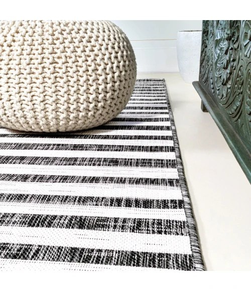Sukie Modern Offset Stripe Black/Ivory 2 ft. x 10 ft. Indoor/Outdoor Runner Rug