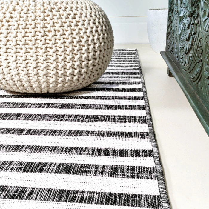 Sukie Modern Offset Stripe Black/Ivory 2 ft. x 10 ft. Indoor/Outdoor Runner Rug