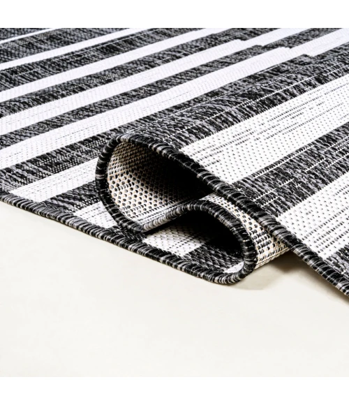 Sukie Modern Offset Stripe Black/Ivory 2 ft. x 10 ft. Indoor/Outdoor Runner Rug