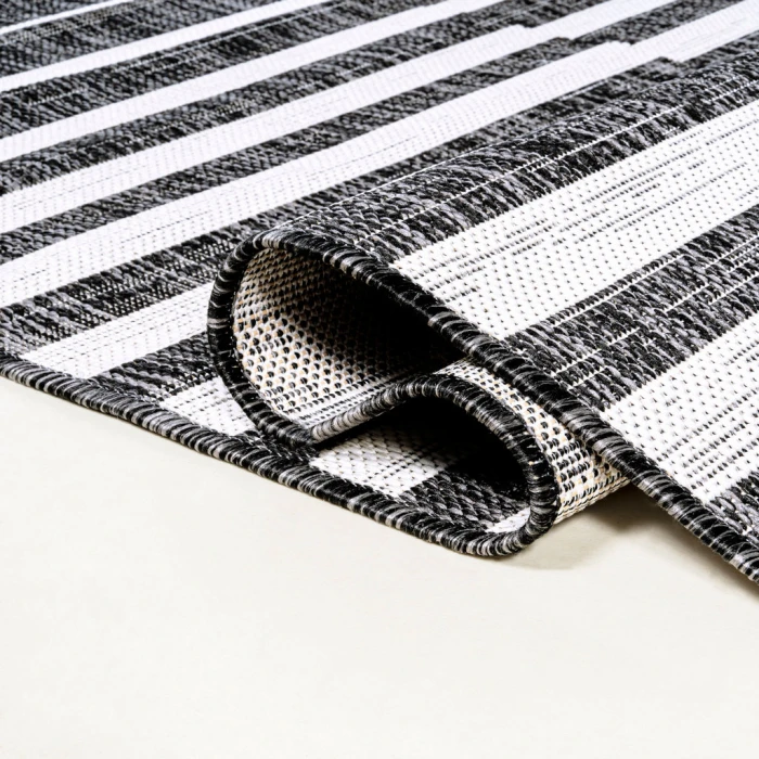 Sukie Modern Offset Stripe Black/Ivory 2 ft. x 10 ft. Indoor/Outdoor Runner Rug