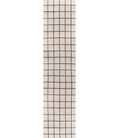 Grid Modern Squares Cream/Black 2 ft. x 8 ft. Indoor/Outdoor Runner Rug
