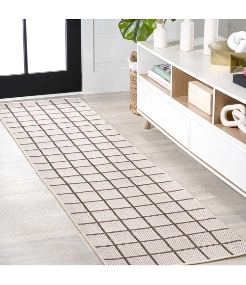 Grid Modern Squares Cream/Black 2 ft. x 8 ft. Indoor/Outdoor Runner Rug
