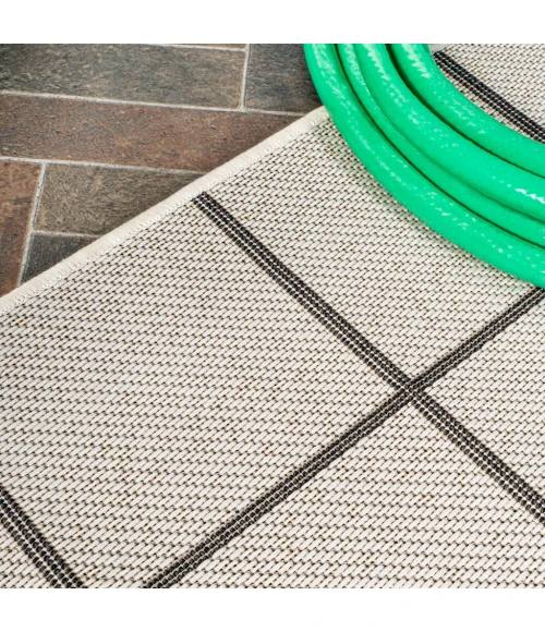 Grid Modern Squares Cream/Black 2 ft. x 8 ft. Indoor/Outdoor Runner Rug