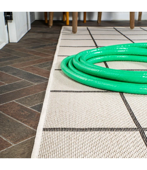 Grid Modern Squares Cream/Black 2 ft. x 8 ft. Indoor/Outdoor Runner Rug