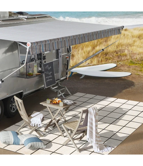 Grid Modern Squares Cream/Black 2 ft. x 8 ft. Indoor/Outdoor Runner Rug