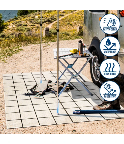 Grid Modern Squares Cream/Black 2 ft. x 8 ft. Indoor/Outdoor Runner Rug