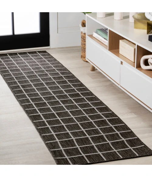 Grid Modern Squares Black/Cream 2 ft. x 8 ft. Indoor/Outdoor Runner Rug