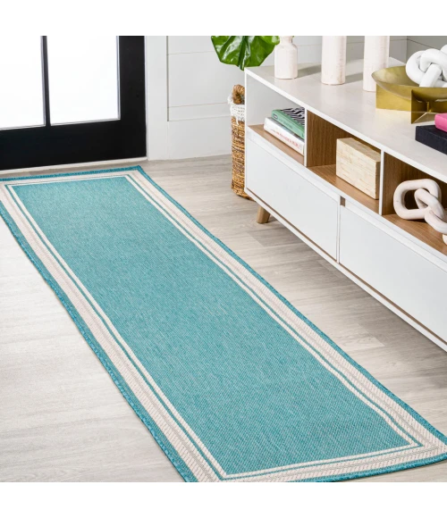 James Modern Border Stripe Aqua/Beige 2 ft. x 8 ft. Indoor/Outdoor Runner Rug