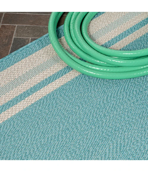 James Modern Border Stripe Aqua/Beige 2 ft. x 8 ft. Indoor/Outdoor Runner Rug