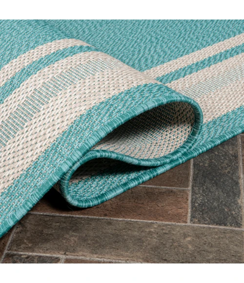 James Modern Border Stripe Aqua/Beige 2 ft. x 8 ft. Indoor/Outdoor Runner Rug