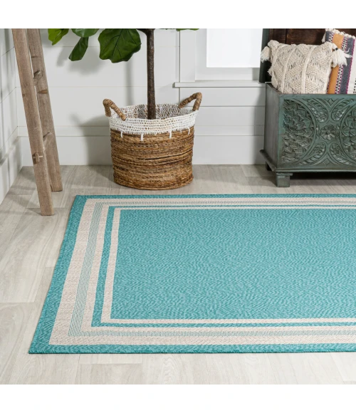 James Modern Border Stripe Aqua/Beige 5 ft. x 8 ft. Indoor/Outdoor Area Rug