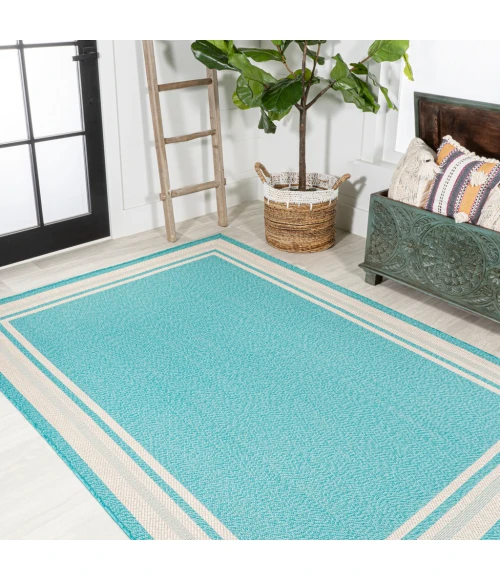 James Modern Border Stripe Aqua/Beige 5 ft. x 8 ft. Indoor/Outdoor Area Rug