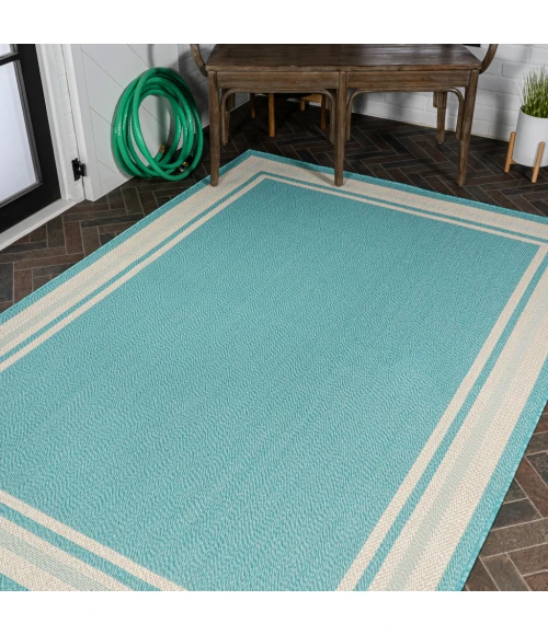 James Modern Border Stripe Aqua/Beige 5 ft. x 8 ft. Indoor/Outdoor Area Rug