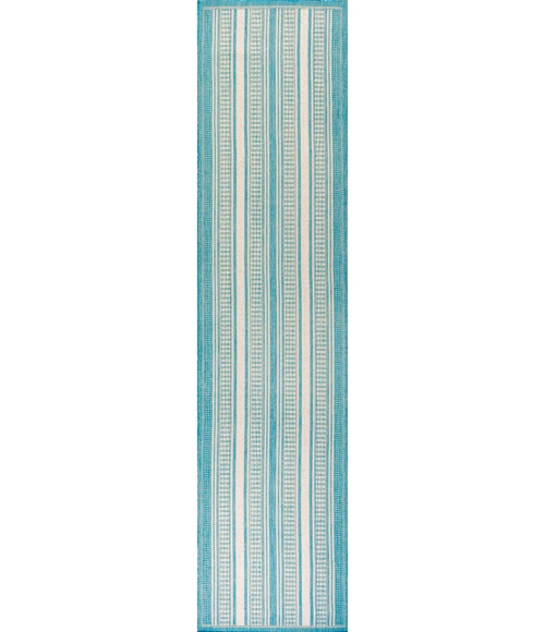 Haynes Modern Double Stripe Aqua/Beige 2 ft. x 8 ft. Indoor/Outdoor Runner Rug
