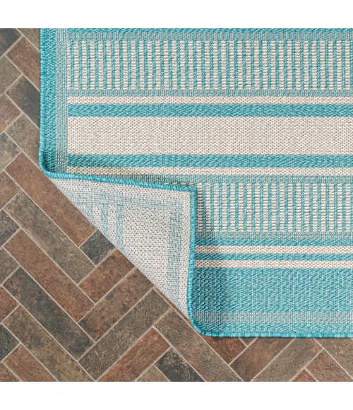 Haynes Modern Double Stripe Aqua/Beige 2 ft. x 8 ft. Indoor/Outdoor Runner Rug