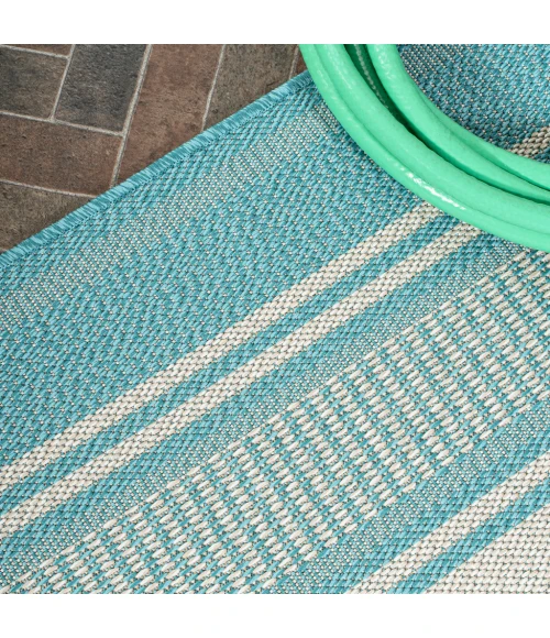 Haynes Modern Double Stripe Aqua/Beige 2 ft. x 8 ft. Indoor/Outdoor Runner Rug