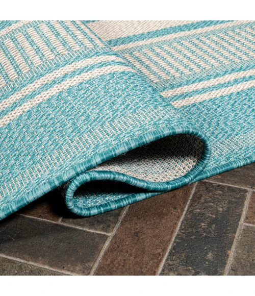 Haynes Modern Double Stripe Aqua/Beige 2 ft. x 8 ft. Indoor/Outdoor Runner Rug