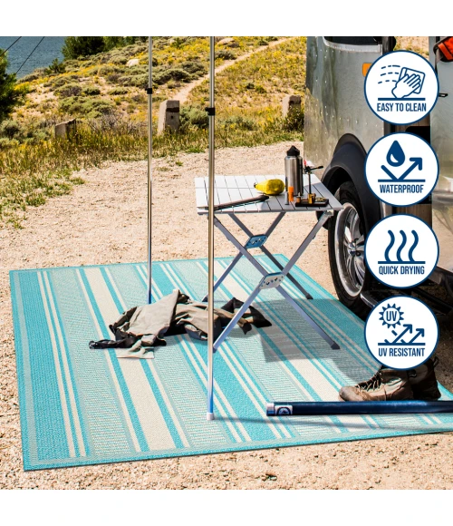 Haynes Modern Double Stripe Aqua/Beige 2 ft. x 8 ft. Indoor/Outdoor Runner Rug