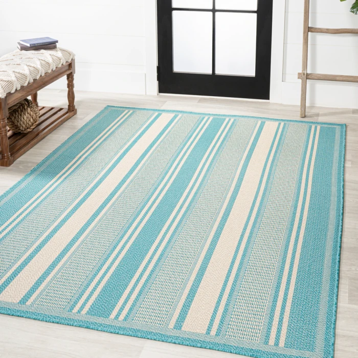 Haynes Modern Double Stripe Aqua/Beige 3 ft. x 5 ft. Indoor/Outdoor Area Rug