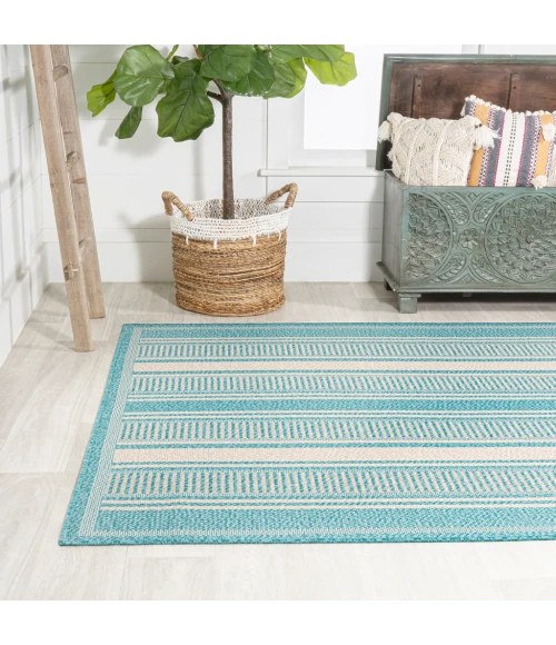 Haynes Modern Double Stripe Aqua/Beige 8 ft. x 10 ft. Indoor/Outdoor Area Rug