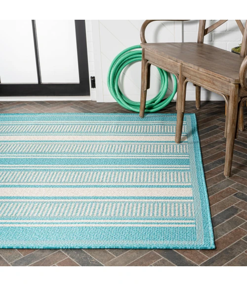 Haynes Modern Double Stripe Aqua/Beige 8 ft. x 10 ft. Indoor/Outdoor Area Rug