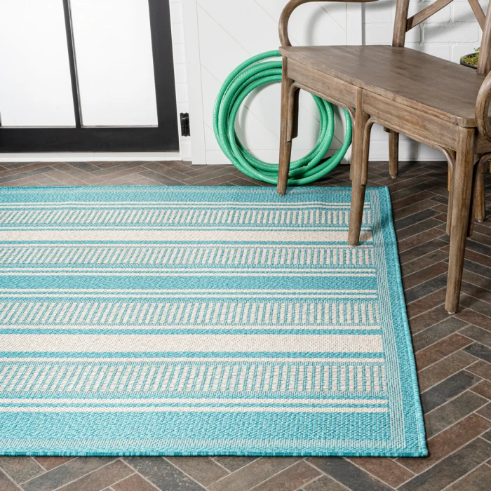 Haynes Modern Double Stripe Aqua/Beige 3 ft. x 5 ft. Indoor/Outdoor Area Rug