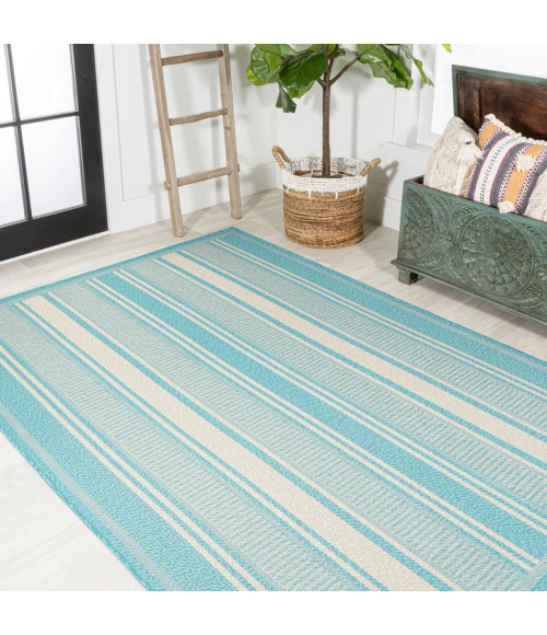 Haynes Modern Double Stripe Aqua/Beige 8 ft. x 10 ft. Indoor/Outdoor Area Rug