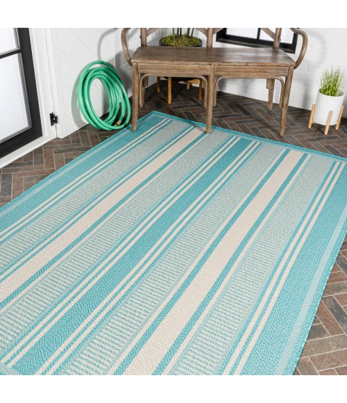 Haynes Modern Double Stripe Aqua/Beige 8 ft. x 10 ft. Indoor/Outdoor Area Rug