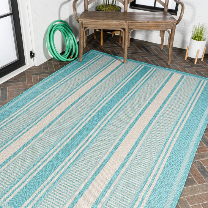 Haynes Modern Double Stripe Aqua/Beige 3 ft. x 5 ft. Indoor/Outdoor Area Rug