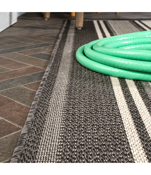 Haynes Modern Double Stripe Black/Cream 2 ft. x 8 ft. Indoor/Outdoor Runner Rug