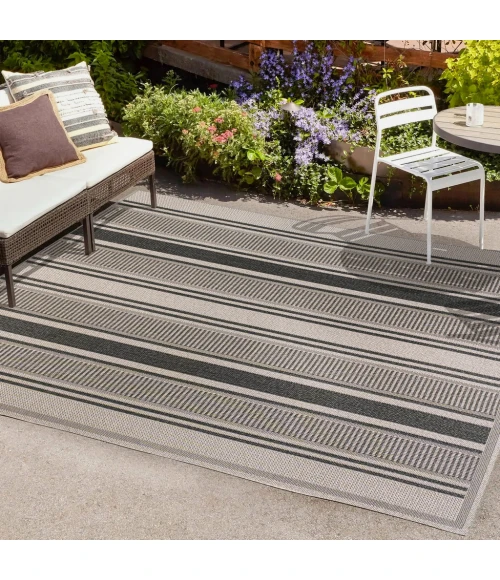 Haynes Modern Double Stripe Black/Beige 8 ft. x 10 ft. Indoor/Outdoor Area Rug