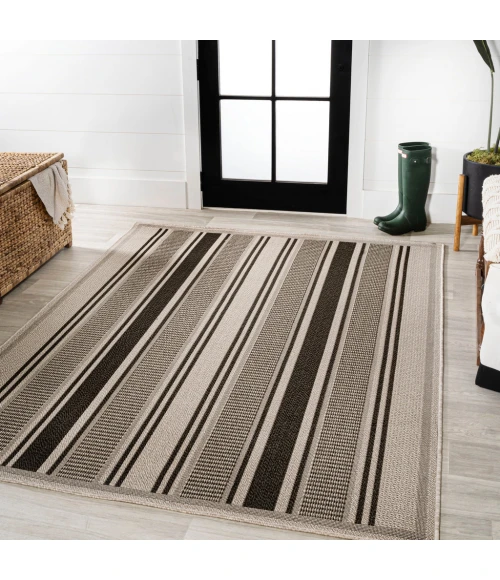Haynes Modern Double Stripe Black/Beige 8 ft. x 10 ft. Indoor/Outdoor Area Rug
