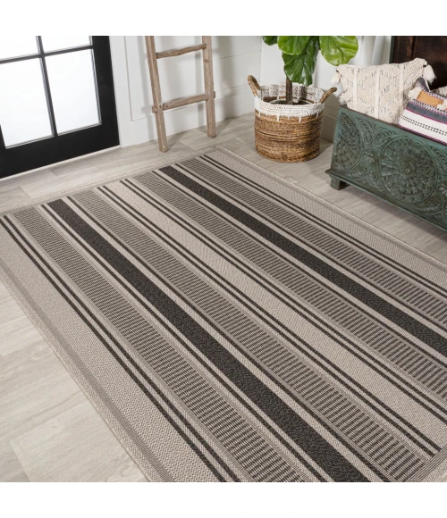 Haynes Modern Double Stripe Black/Beige 8 ft. x 10 ft. Indoor/Outdoor Area Rug