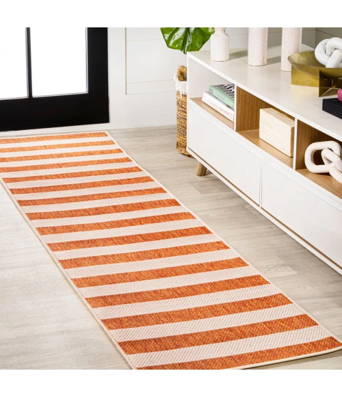 Negril Two-Tone Wide Stripe Orange/Beige 2 ft. x 8 ft. Indoor/Outdoor Runner Rug