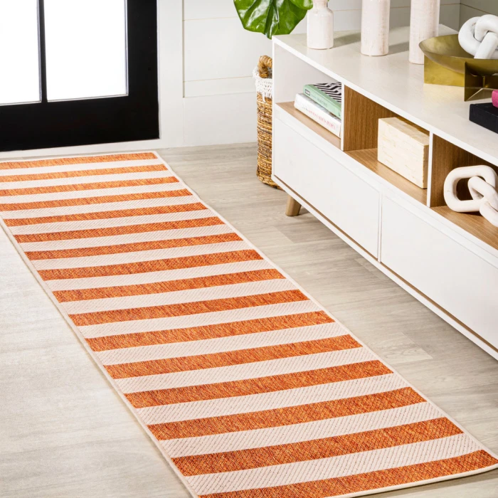 Negril Two-Tone Wide Stripe Orange/Beige 2 ft. x 8 ft. Indoor/Outdoor Runner Rug