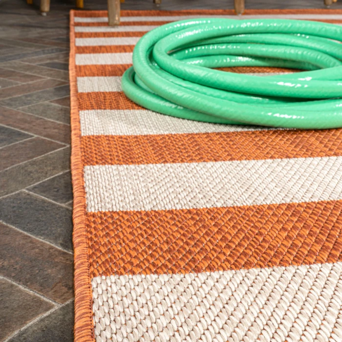 Negril Two-Tone Wide Stripe Orange/Beige 2 ft. x 8 ft. Indoor/Outdoor Runner Rug