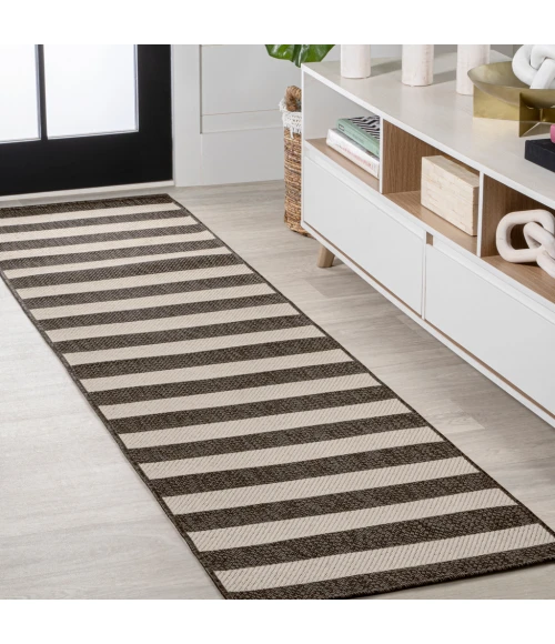Negril Two-Tone Wide Stripe Black/Beige 2 ft. x 8 ft. Indoor/Outdoor Runner Rug