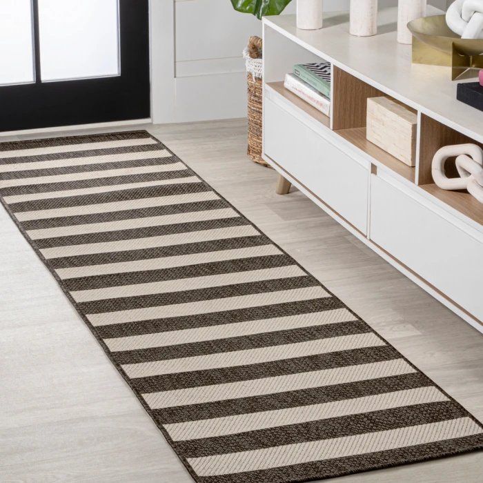 Negril Two-Tone Wide Stripe Black/Beige 2 ft. x 8 ft. Indoor/Outdoor Runner Rug