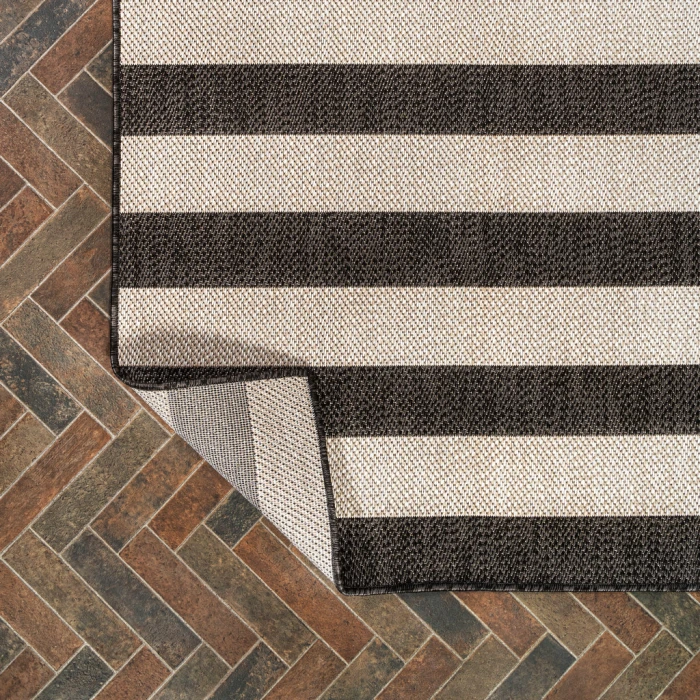 Negril Two-Tone Wide Stripe Black/Beige 2 ft. x 8 ft. Indoor/Outdoor Runner Rug
