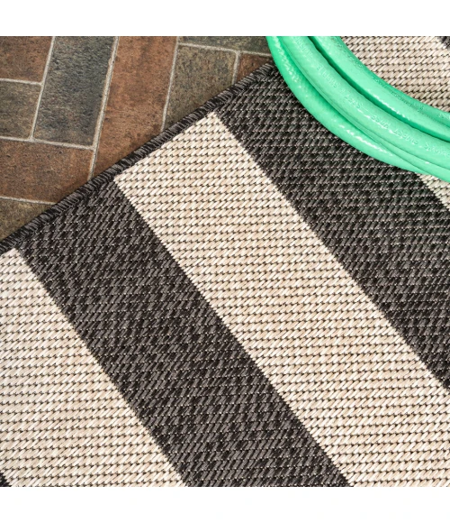 Negril Two-Tone Wide Stripe Black/Beige 2 ft. x 8 ft. Indoor/Outdoor Runner Rug