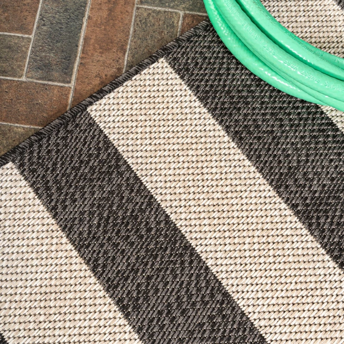 Negril Two-Tone Wide Stripe Black/Beige 2 ft. x 8 ft. Indoor/Outdoor Runner Rug