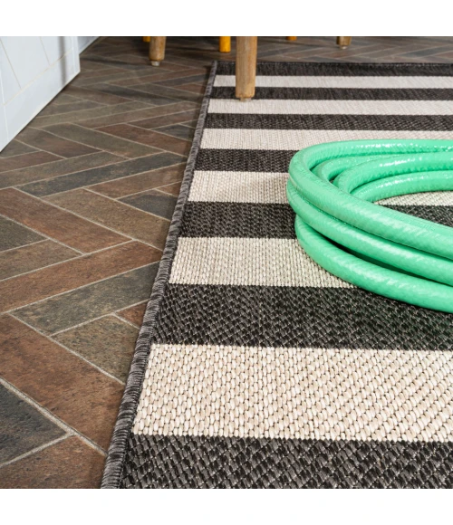 Negril Two-Tone Wide Stripe Black/Beige 2 ft. x 8 ft. Indoor/Outdoor Runner Rug