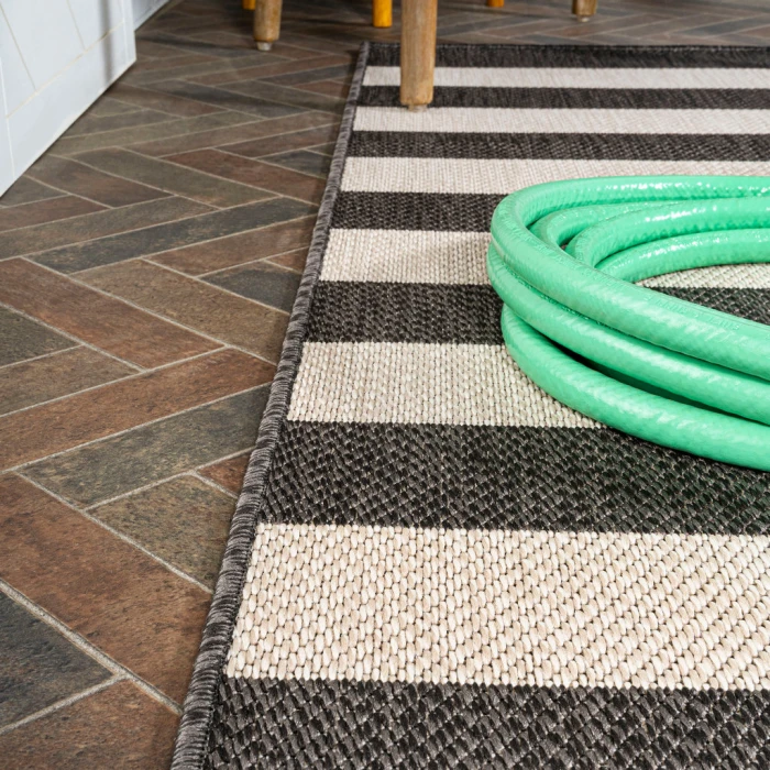 Negril Two-Tone Wide Stripe Black/Beige 2 ft. x 8 ft. Indoor/Outdoor Runner Rug