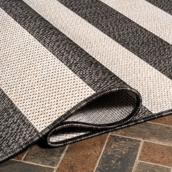 Negril Two-Tone Wide Stripe Black/Beige 2 ft. x 8 ft. Indoor/Outdoor Runner Rug