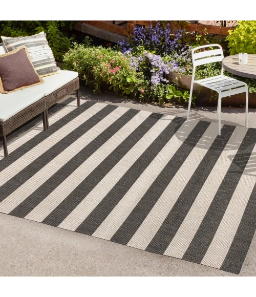 Negril Two-Tone Wide Stripe Black/Beige 8 ft. x 10 ft. Indoor/Outdoor Area Rug