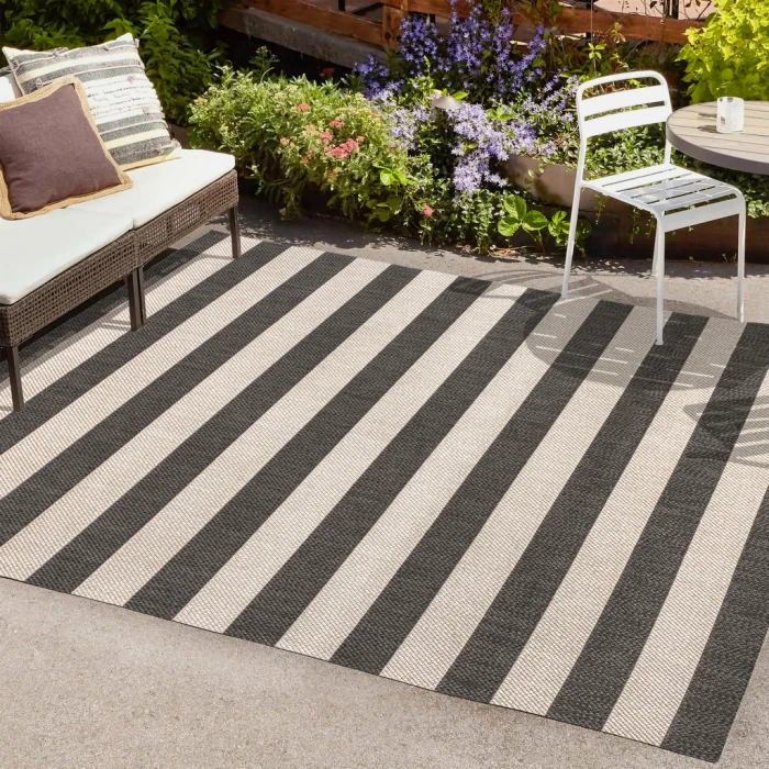 Negril Two-Tone Wide Stripe Black/Beige 8 ft. x 10 ft. Indoor/Outdoor Area Rug
