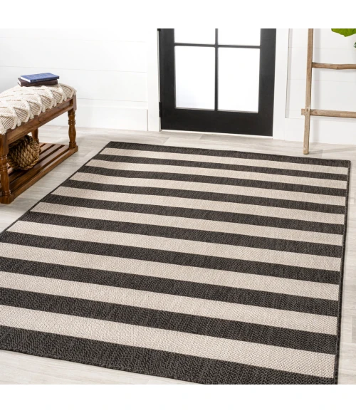 Negril Two-Tone Wide Stripe Black/Beige 8 ft. x 10 ft. Indoor/Outdoor Area Rug