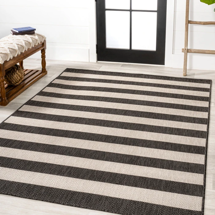 Negril Two-Tone Wide Stripe Black/Beige 8 ft. x 10 ft. Indoor/Outdoor Area Rug
