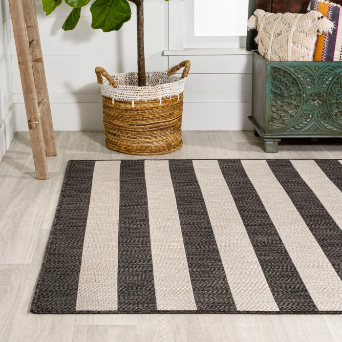 Negril Two-Tone Wide Stripe Black/Beige 8 ft. x 10 ft. Indoor/Outdoor Area Rug